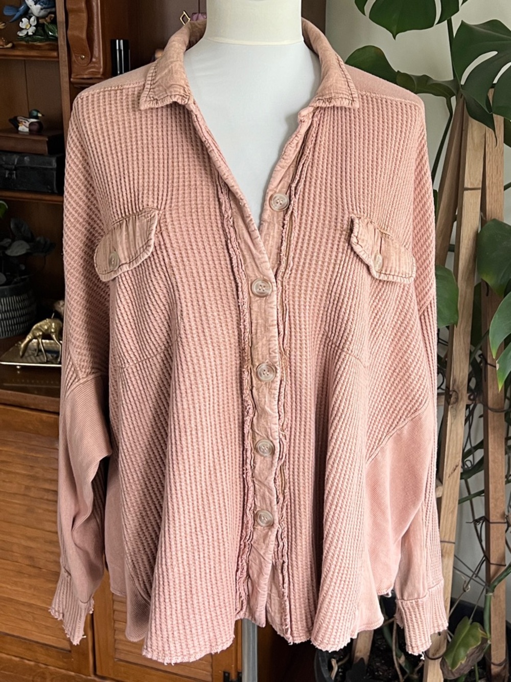 Free People Scout Bunny Dusty Rose Button-Up Waffle Knit Shacket Oversized XS - Picture 2 of 13